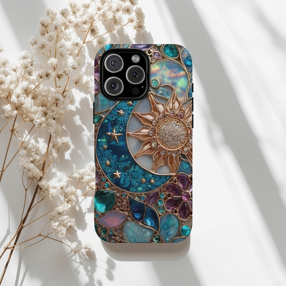 Celestial Sun Stained Glass IPhone 16,15,14,13 (Pro Max,Pro,Plus) Phone Case - Picture 1 of 15
